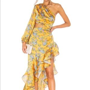 ASYMMETRIC RUFFLE FLORAL PRINTED ONE SHOULDER EVENING DRESS - YELLOW